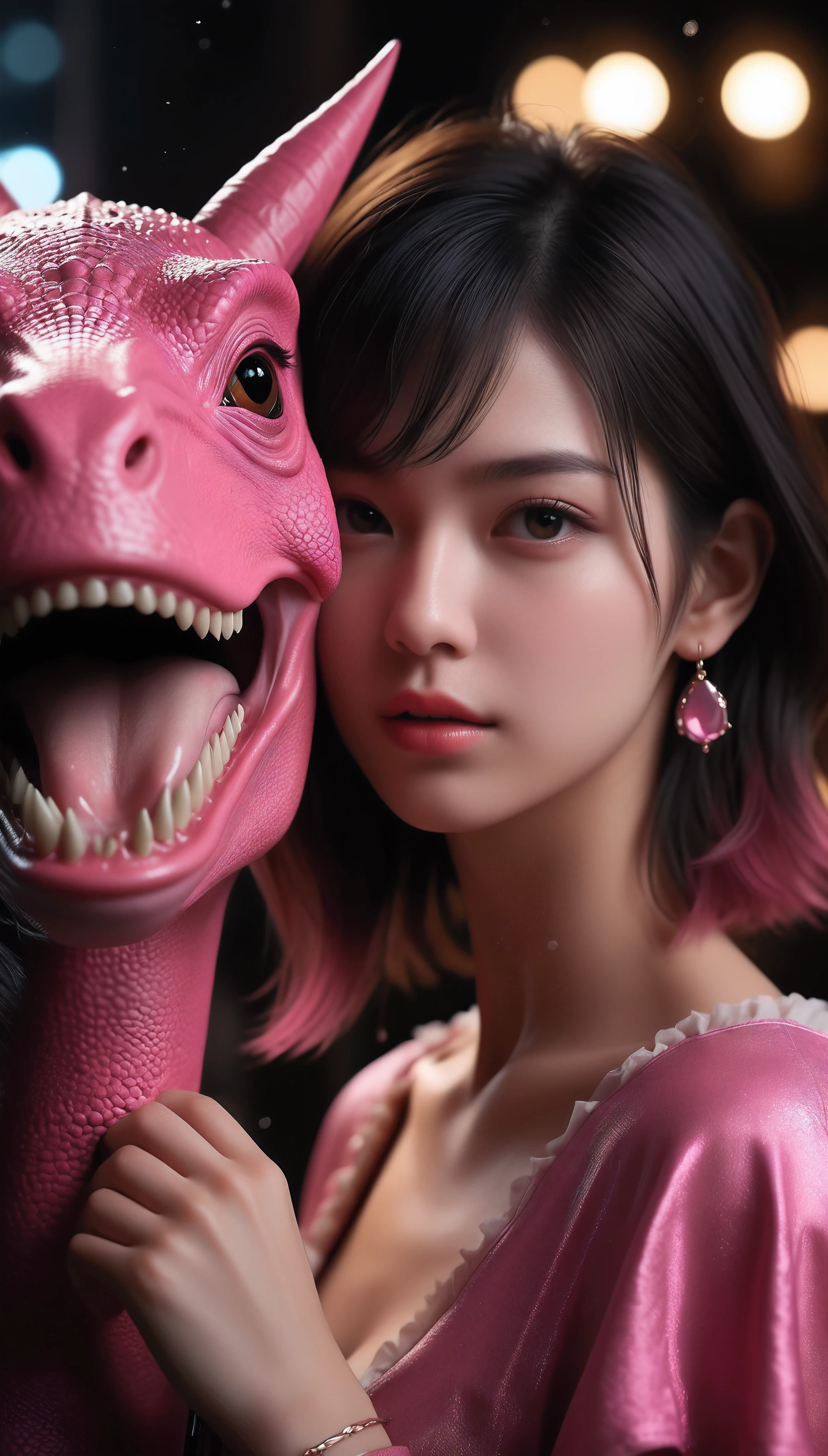 ((Masterpiece in maximum 16K resolution):1.6),((soft_color_photograpy:)1.5), ((Ultra-Detailed):1.4),((Movie-like still images and dynamic angles):1.3). | (Macro shot cinematic photo of beautiful Female with Cute Pink Dinosaur), (Cute pink Dinosaur), (Beautiful Female), (focus on the Dinosaur), (macro lens), (exotic accesories), (Dark Neon), (luminous object), (Cute atmosphere), (shimmer), (aesthetic Female accesories), (visual experience),(Realism), (Realistic),award-winning graphics, dark shot, film grain, extremely detailed, Digital Art, rtx, Unreal Engine, scene concept anti glare effect, All captured with sharp focus. | Rendered in ultra-high definition with UHD and retina quality, this masterpiece ensures anatomical correctness and textured skin with super detail. With a focus on high quality and accuracy, this award-winning portrayal captures every nuance in stunning 16k resolution, immersing viewers in its lifelike depiction. | ((perfect_composition, perfect_design, perfect_layout, perfect_detail, ultra_detailed)), ((enhance_all, fix_everything)), More Detail, Enhance.
