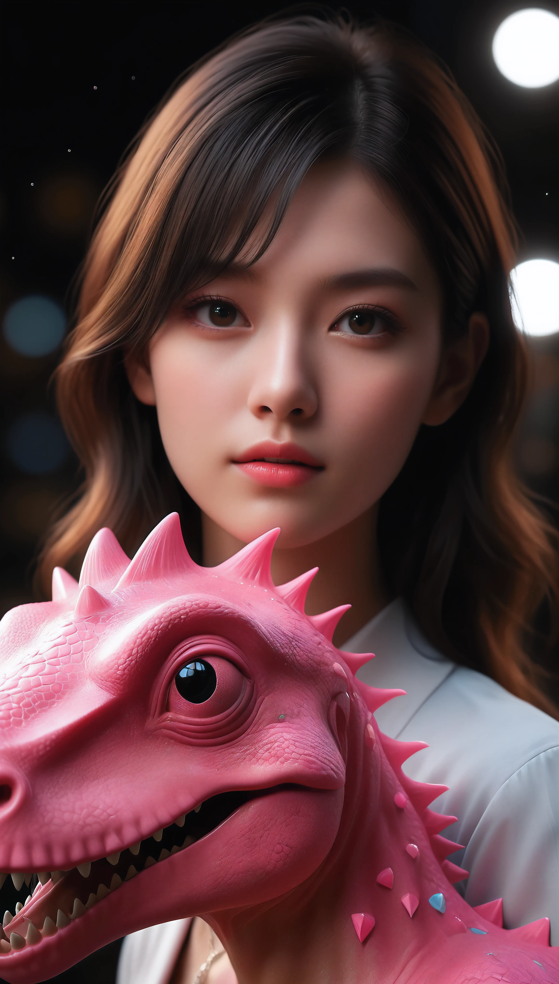 ((Masterpiece in maximum 16K resolution):1.6),((soft_color_photograpy:)1.5), ((Ultra-Detailed):1.4),((Movie-like still images and dynamic angles):1.3). | (Macro shot cinematic photo of beautiful Female with Cute Pink Dinosaur), (Cute pink Dinosaur), (Beautiful Female), (focus on the Dinosaur), (macro lens), (exotic accesories), (Dark Neon), (luminous object), (Cute atmosphere), (shimmer), (aesthetic Female accesories), (visual experience),(Realism), (Realistic),award-winning graphics, dark shot, film grain, extremely detailed, Digital Art, rtx, Unreal Engine, scene concept anti glare effect, All captured with sharp focus. | Rendered in ultra-high definition with UHD and retina quality, this masterpiece ensures anatomical correctness and textured skin with super detail. With a focus on high quality and accuracy, this award-winning portrayal captures every nuance in stunning 16k resolution, immersing viewers in its lifelike depiction. | ((perfect_composition, perfect_design, perfect_layout, perfect_detail, ultra_detailed)), ((enhance_all, fix_everything)), More Detail, Enhance.
