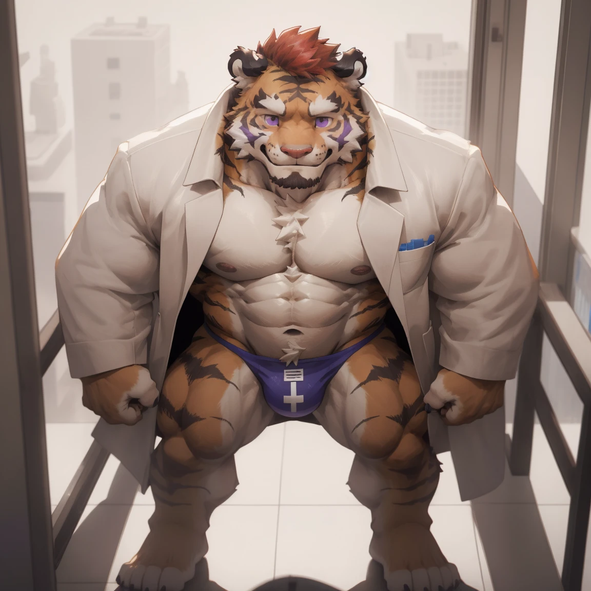 masterpiece, best quality, 8k resolution, Very detailed, hairy,tiger,((red hair)),muscle,Strong,超大muscle,((Hospital)),(((Purple pupils))),For the audience,(((White coat))),portrait,(((No clothes under the coat))),(Highest quality scene),(((Thong))),(((Blushing))),(((Hip bulge))),(((Ultra clear eyes)),((Solitary)),((whole body)),(((Standing))),((Mature)),(((Uncle))),(((Orange fur))),((Shame)),((Smile)),(((Open your legs))),(((Overlooking)))
