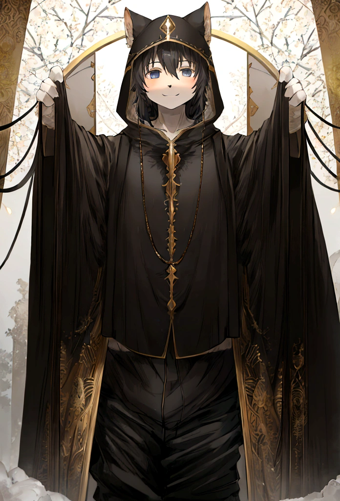 Sunraku\(Made in Abyss,male,beautiful,Furry,Have,Bird Head Hood,Black Hair,wide,Loose pants,smile\)Bust,beautiful nature, You can see big animals, From a distance it looks strange and chaotic..,Anime Style,White background, break ,quality\(8K,wallpaper of extremely deコーラed CG unit, masterpiece,High resolution,top-quality,top-quality real texture skin,Surreal,Increase the resolution,RAW Photos,la mejor quality,highly ,wallpaper,Cinema Lighting,Ray-tracing,Golden Ratio\),