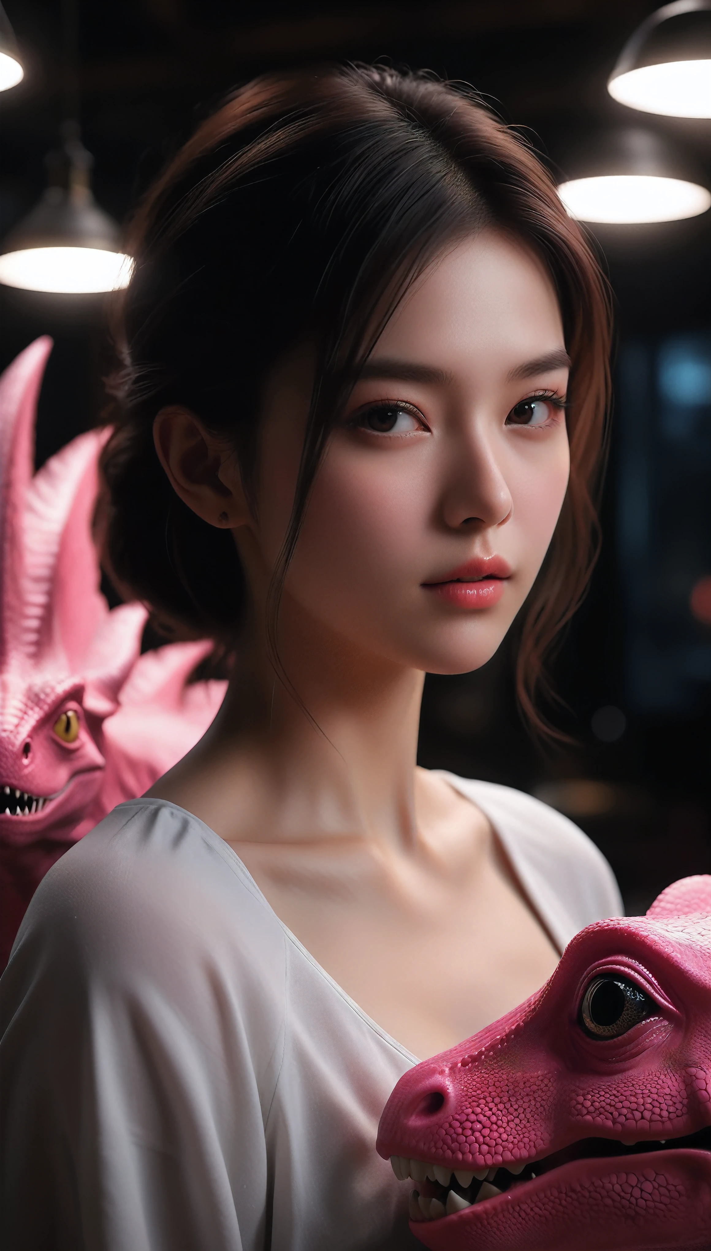 ((Masterpiece in maximum 16K resolution):1.6),((soft_color_photograpy:)1.5), ((Ultra-Detailed):1.4),((Movie-like still images and dynamic angles):1.3). | (Macro shot cinematic photo of beautiful Female with Cute Pink Dinosaur), (Cute pink Dinosaur), (Beautiful Female), (focus on the Dinosaur), (macro lens), (exotic accesories), (Dark Neon), (luminous object), (Cute atmosphere), (shimmer), (aesthetic Female accesories), (visual experience),(Realism), (Realistic),award-winning graphics, dark shot, film grain, extremely detailed, Digital Art, rtx, Unreal Engine, scene concept anti glare effect, All captured with sharp focus. | Rendered in ultra-high definition with UHD and retina quality, this masterpiece ensures anatomical correctness and textured skin with super detail. With a focus on high quality and accuracy, this award-winning portrayal captures every nuance in stunning 16k resolution, immersing viewers in its lifelike depiction. | ((perfect_composition, perfect_design, perfect_layout, perfect_detail, ultra_detailed)), ((enhance_all, fix_everything)), More Detail, Enhance.