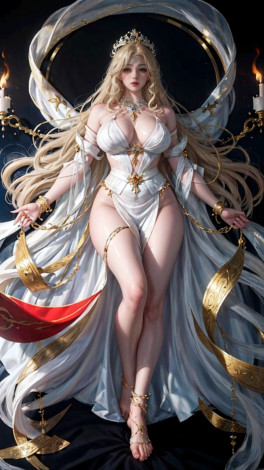 Full body picture,White holy light background,Exquisite, beautiful and charming face,Flowing blond hair,Exquisite and beautiful feet,Long gold anklet with jade,The white gauze is wrapped around the plump and graceful body,The white and red skin is faintly visible,Tight and plump thighs pressed together。