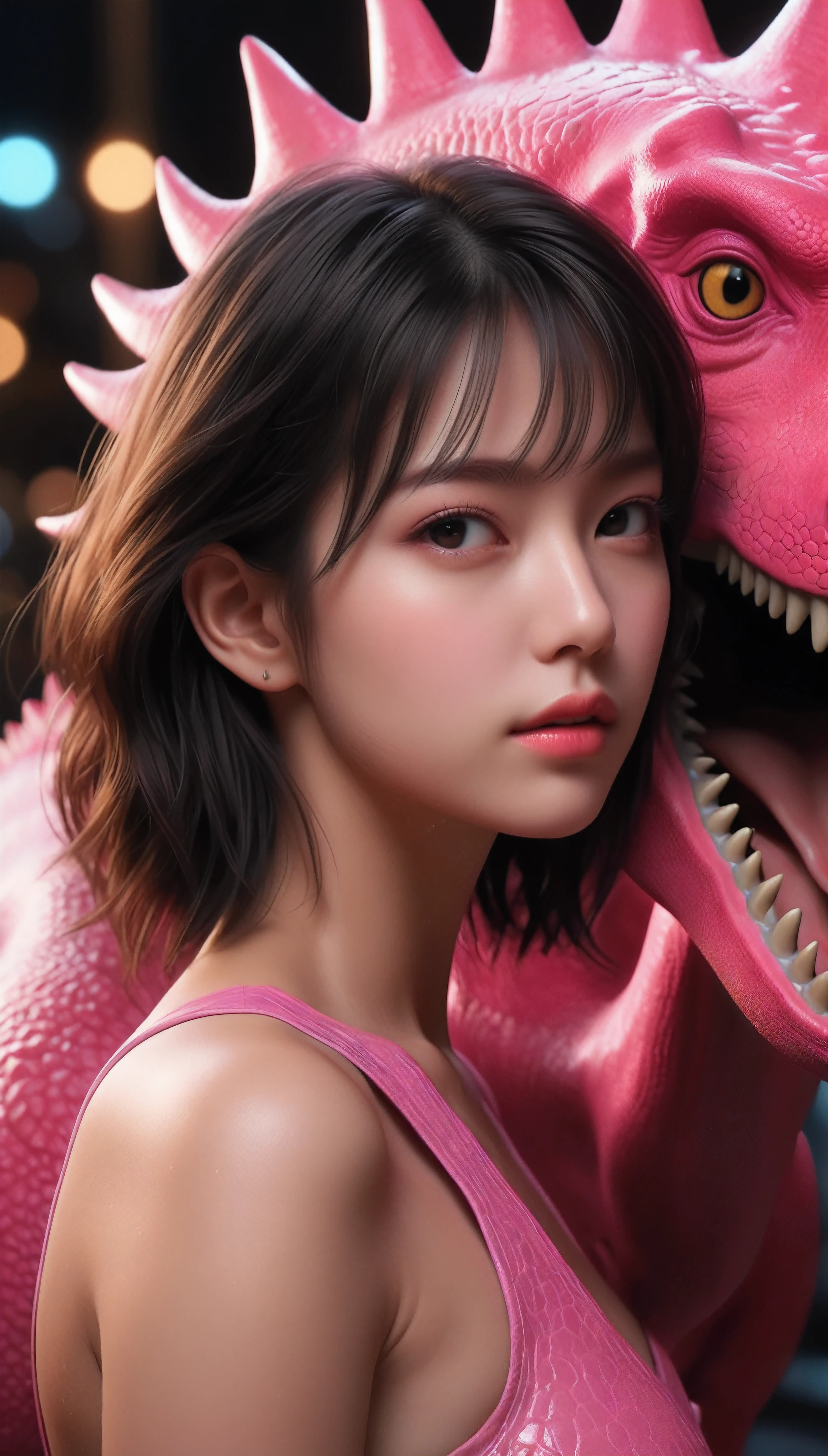 ((Masterpiece in maximum 16K resolution):1.6),((soft_color_photograpy:)1.5), ((Ultra-Detailed):1.4),((Movie-like still images and dynamic angles):1.3). | (Macro shot cinematic photo of beautiful Female with Cute Pink Dinosaur), (Cute pink Dinosaur), (Beautiful Female), (focus on the Dinosaur), (macro lens), (exotic accesories), (Dark Neon), (luminous object), (Cute atmosphere), (shimmer), (aesthetic Female accesories), (visual experience),(Realism), (Realistic),award-winning graphics, dark shot, film grain, extremely detailed, Digital Art, rtx, Unreal Engine, scene concept anti glare effect, All captured with sharp focus. | Rendered in ultra-high definition with UHD and retina quality, this masterpiece ensures anatomical correctness and textured skin with super detail. With a focus on high quality and accuracy, this award-winning portrayal captures every nuance in stunning 16k resolution, immersing viewers in its lifelike depiction. | ((perfect_composition, perfect_design, perfect_layout, perfect_detail, ultra_detailed)), ((enhance_all, fix_everything)), More Detail, Enhance.