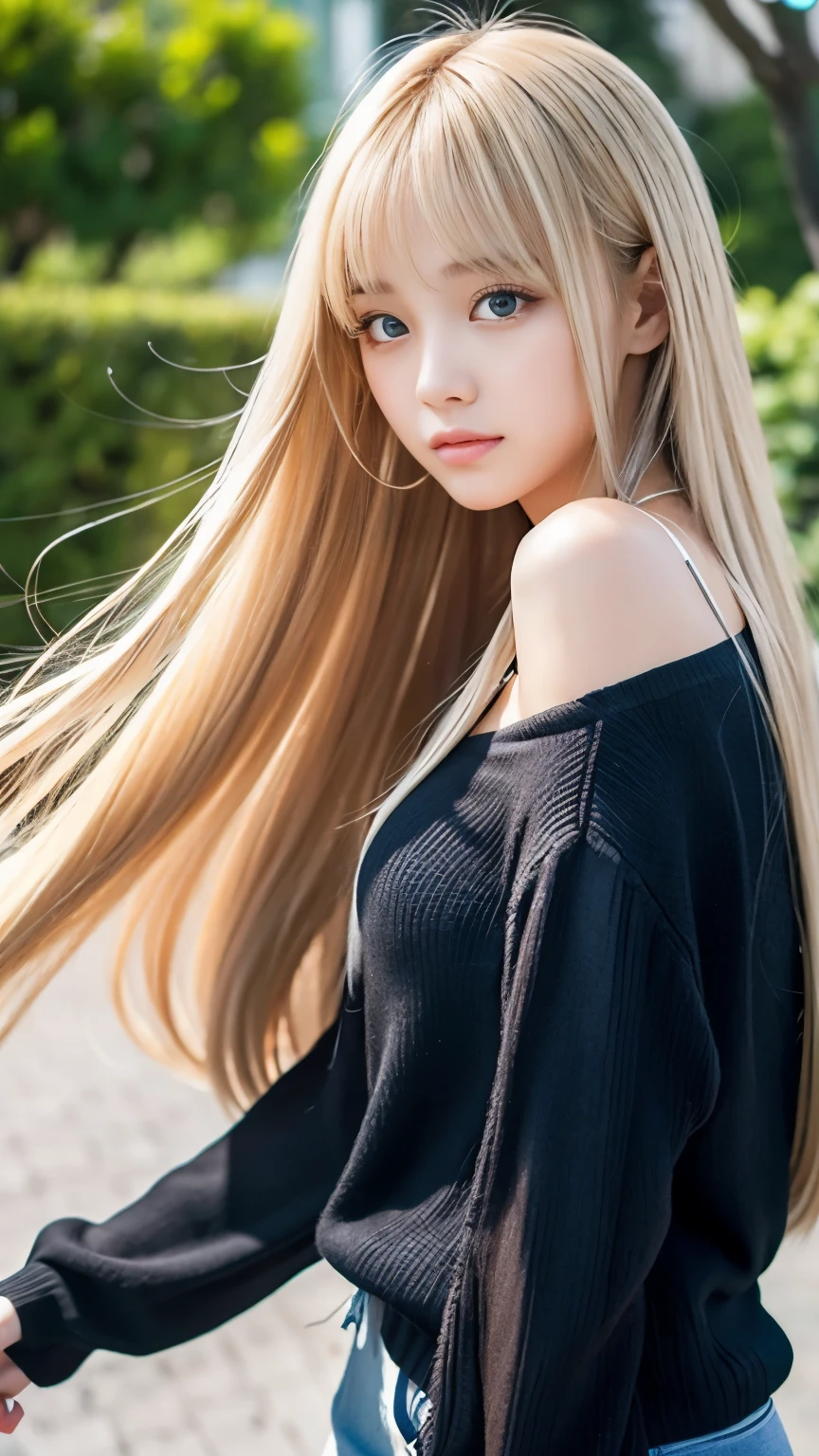 Sexy Big 、18 years old beautiful girl sexy and cute looks and cute, Beautiful and sexy face、A strong wind blows my hair in front of my face、Beautiful long blonde straight hair、Beautiful, cute and sexy eyes hidden by long bangs