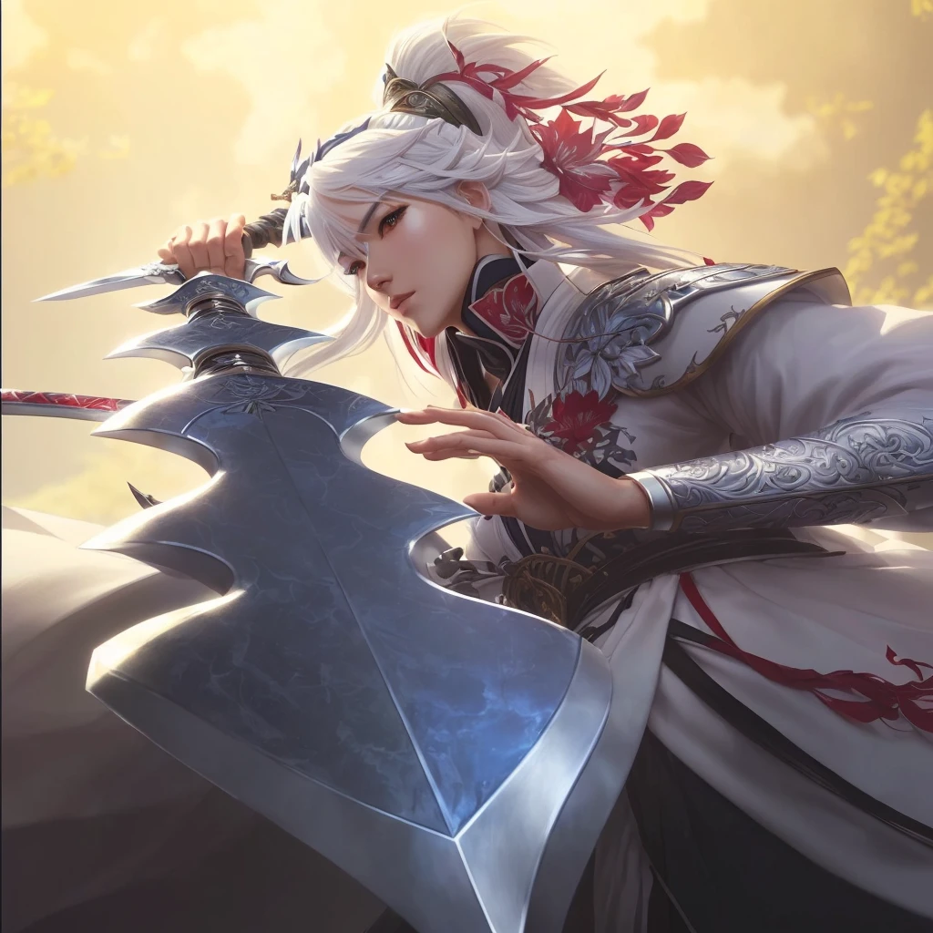 a close up of a person holding a sword near a tree, extremely detailed artgerm, heise jinyao, by Yang J, white haired deity, onmyoji detailed art, rossdraws sakimimichan, ig model | artgerm, artgerm lau, artgerm. high detail, style of artgerm