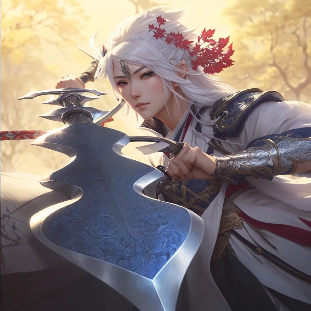 a close up of a person holding a sword near a tree, extremely detailed artgerm, heise jinyao, by Yang J, white haired deity, onmyoji detailed art, rossdraws sakimimichan, ig model | artgerm, artgerm lau, artgerm. high detail, style of artgerm