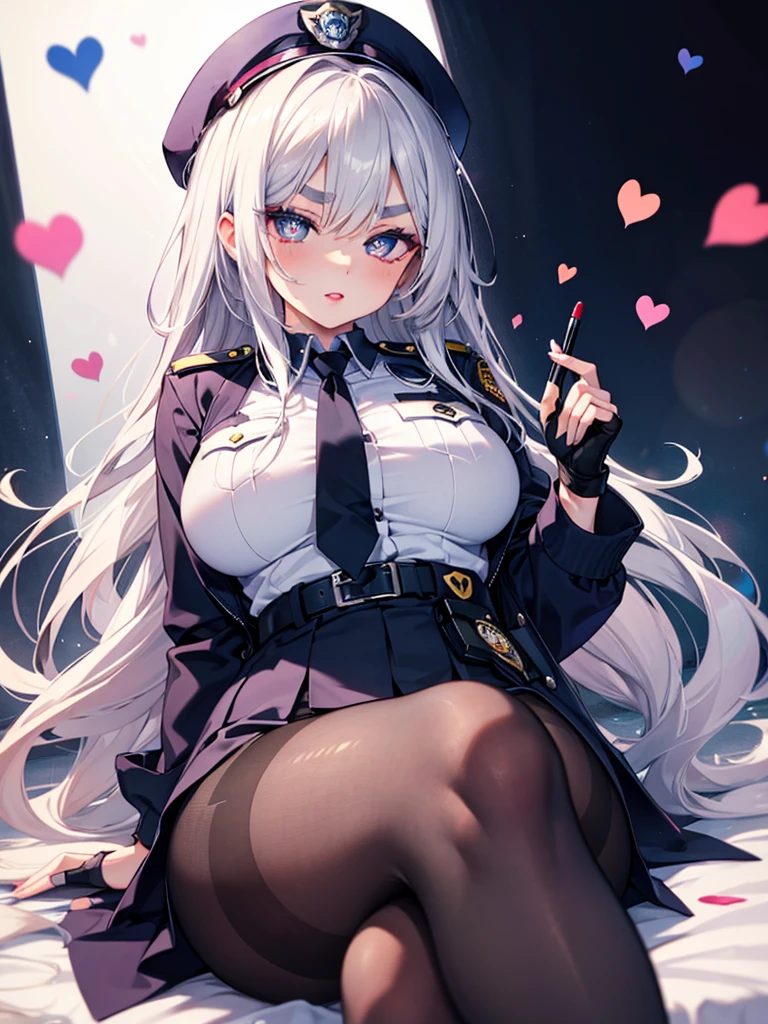 mature_female,silver hair,lipstick,eyeshadow,long_eyelashes,thick eyebrows,ahegao,jitome,heart-shaped_pupils,black_pantyhose,fingerless_gloves,police_uniform,long hair,