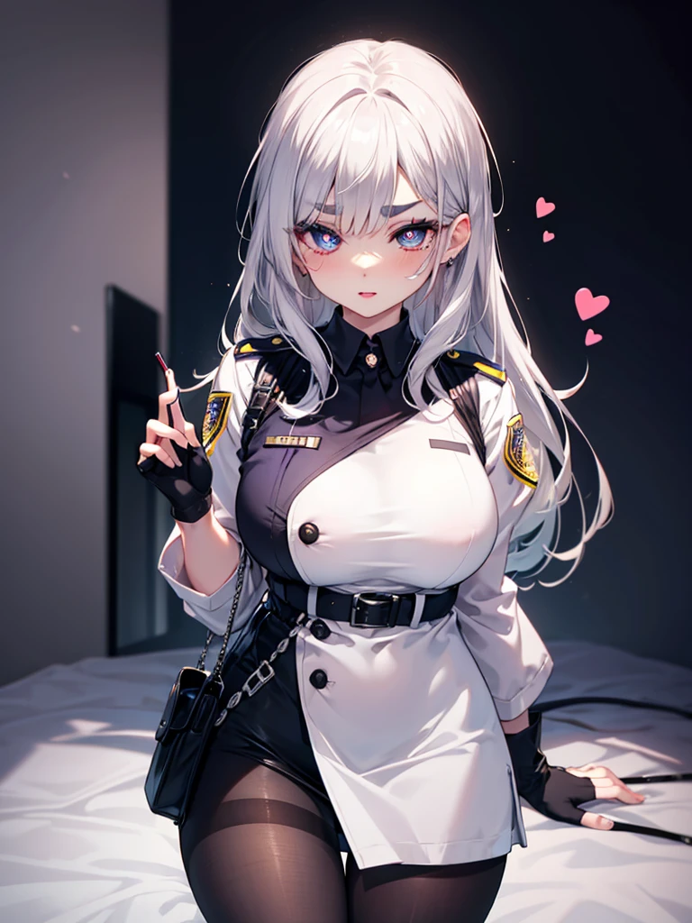 mature_female,silver hair,lipstick,eyeshadow,long_eyelashes,thick eyebrows,ahegao,jitome,heart-shaped_pupils,black_pantyhose,fingerless_gloves,police_uniform,long hair,