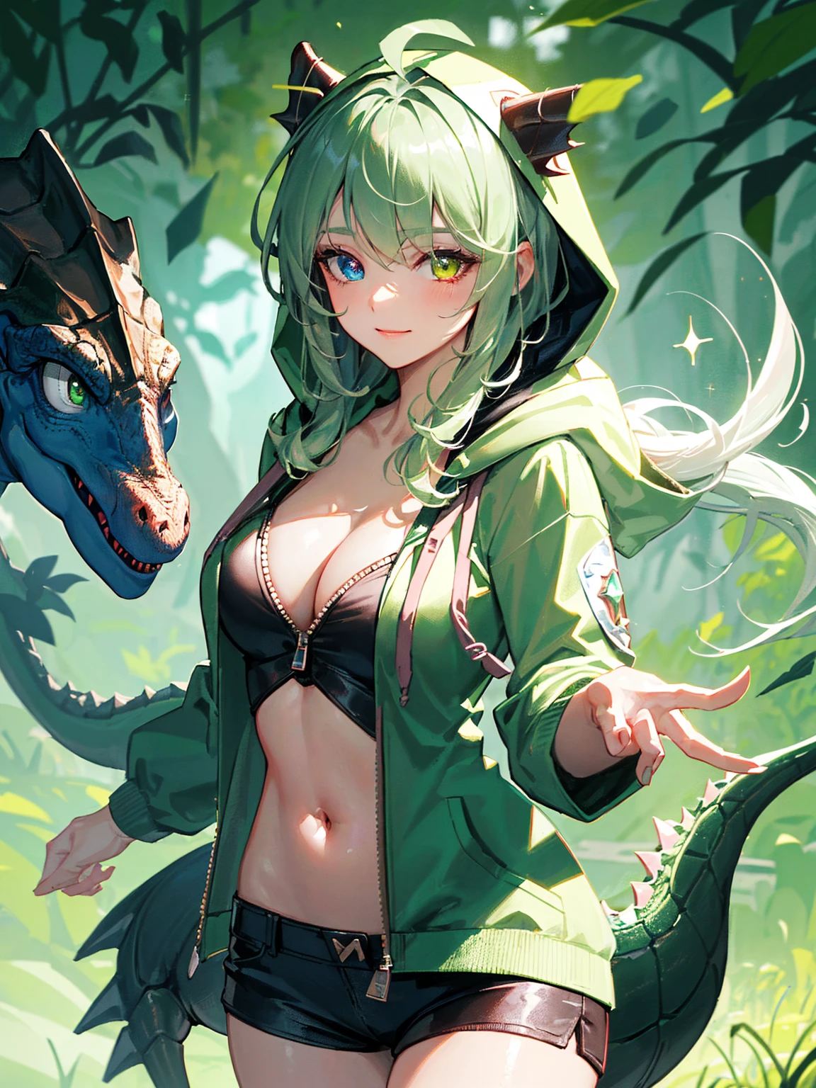 close-up head, facing camera, crystal caves, crystalline, reflection, sparkle, realistic digital painting portrait of a female human, 3r1nm0r1art72, seductive smile, naughty, (heterochromia), (messy hair), (long ponytail), (hair over one eye), (wavy hair:1.1), (light green hair:1.3), hood, hoodie, dinosaur, dinosaur hoodie, (dinosaur hood:1.5), dino, (dinosaur in disguise:1.3), unzipped hoodie, cleavage, belly button, no pants, no skirts, bottomless, no shirt, shirtless, (green_hoodie:1.3), (abstract, background:1.2), (light particle:1.1), (very detailed skin:1.2), (game concept:1.3), (elden ring style:1.3), (arcane style:0.8), (depth of field:1.3), global illumination