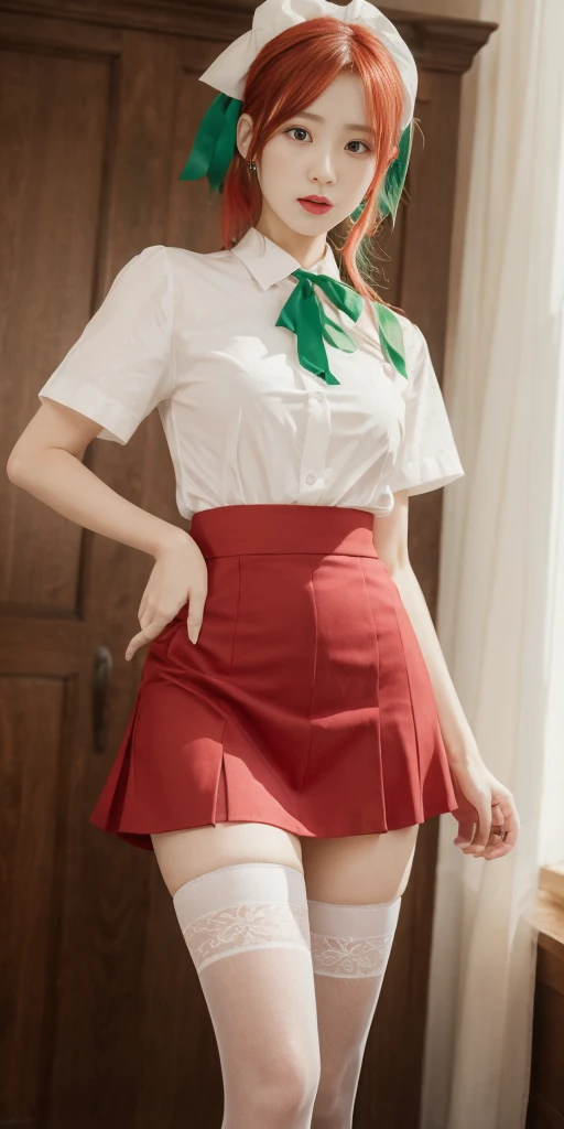 masterpiece, white shirt, green skirt ,red tie, red hair ribbon, white stockings, 8k, lin, green hair