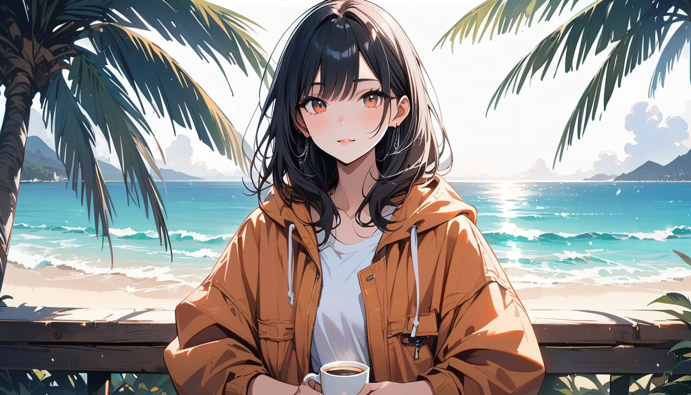 (masterpiece, Highest quality:1.2), 1 Girl, alone,Eyes open,Have a coffee,Tropical atmosphere
