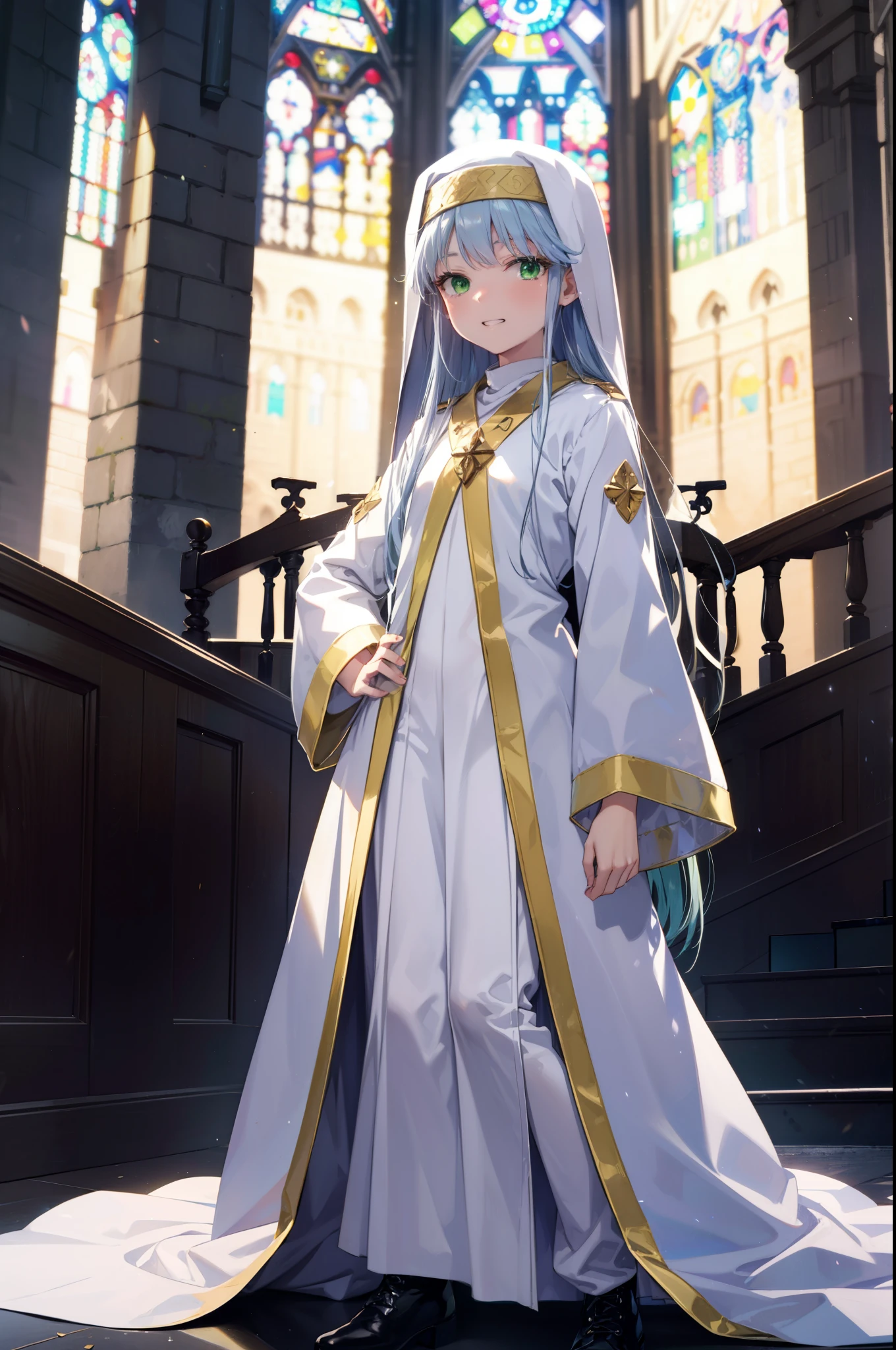 index, index, (Green Eyes:1.5), Silver Hair, Long Hair, (Flat Chest:1.2),Grin,
break habit, Long sleeve, Nuns, Robe, white Robe, Wide sleeves,Long skirt,boots,Put your right hand on your hip,In his left hand he holds a long sacred staff,whole bodyがイラストに入るように,
break looking at viewer, whole body,
break indoors, church,
break (masterpiece:1.2), Highest quality, High resolution, unity 8k wallpaper, (figure:0.8), (Beautiful attention to detail:1.6), Highly detailed face, Perfect lighting, Highly detailed CG, (Perfect hands, Perfect Anatomy),