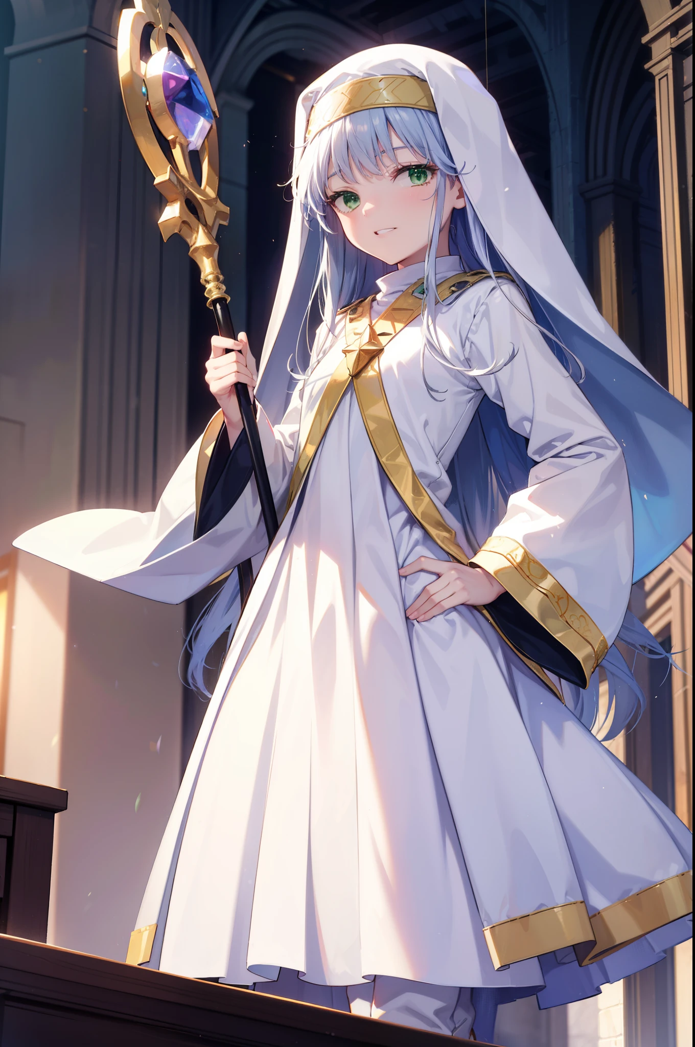 index, index, (Green Eyes:1.5), Silver Hair, Long Hair, (Flat Chest:1.2),Grin,
break habit, Long sleeve, Nuns, Robe, white Robe, Wide sleeves,Long skirt,boots,Put your right hand on your hip,In his left hand he holds a long sacred staff,whole bodyがイラストに入るように,
break looking at viewer, whole body,
break indoors, church,
break (masterpiece:1.2), Highest quality, High resolution, unity 8k wallpaper, (figure:0.8), (Beautiful attention to detail:1.6), Highly detailed face, Perfect lighting, Highly detailed CG, (Perfect hands, Perfect Anatomy),