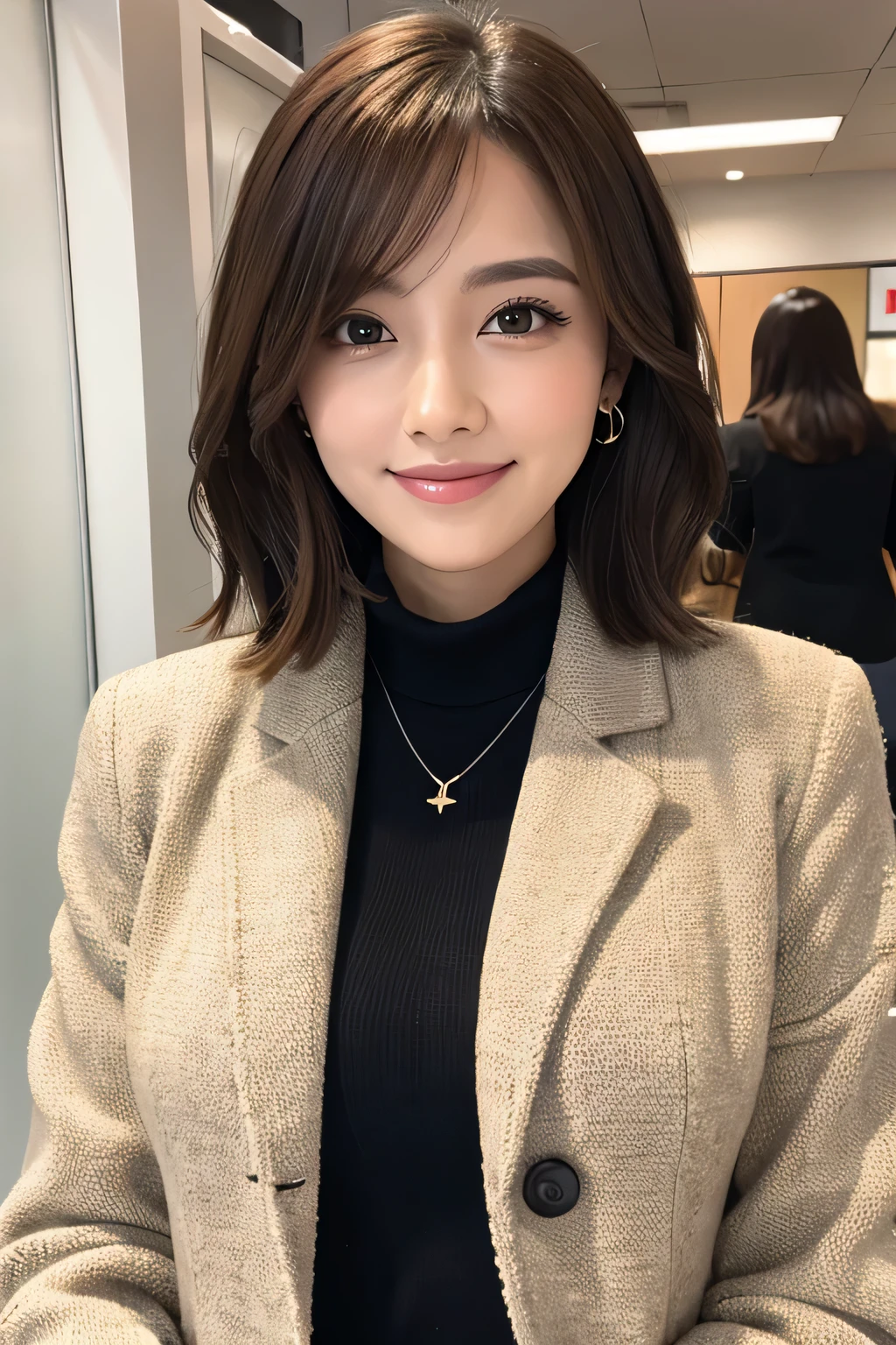 Beautiful young woman、 brown hair、Necklace around the neck、Office Lady Suits、Jacket、Unbuttoned shirt、smile、Beautiful teeth alignment、Wavy Hair、short hair、Intricate details, Very detailed:1.2), 、 Looking into the camera,The background is the office、Necklace around the neck、Dark eyeliner、ear piercing