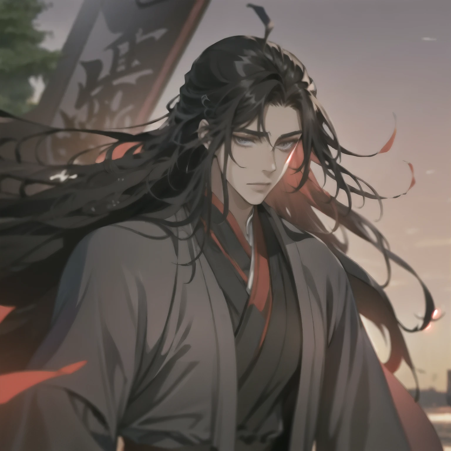 (masterpiece, best quality:1.2), 1male, solo, wei wuxian, mo dao zu shi, mdzs, black clothes, grey eyes, long black hair, perfect anatomy
