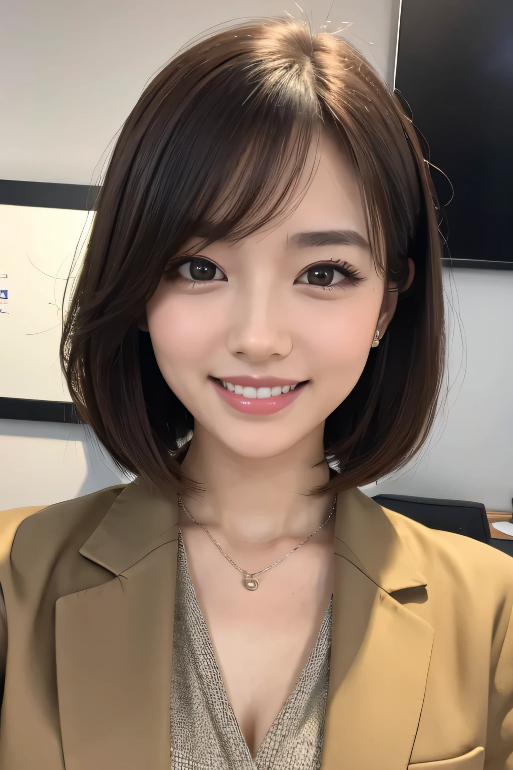 Beautiful young woman、 brown hair、Necklace around the neck、Office Lady Suits、Jacket、Unbuttoned shirt、smile、Beautiful teeth alignment、Wavy Hair、short hair、Intricate details, Very detailed:1.2), 、 Looking into the camera,The background is the office、Necklace around the neck、Dark eyeliner、ear piercing