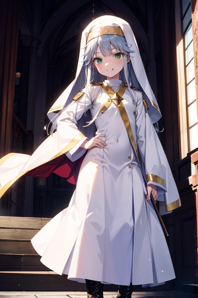 index, index, (Green Eyes:1.5), Silver Hair, Long Hair, (Flat Chest:1.2),Grin,
break habit, Long sleeve, Nuns, Robe, white Robe, Wide sleeves,Long skirt,boots,Put your right hand on your hip,In his left hand he holds a long sacred staff,whole bodyがイラストに入るように,
break looking at viewer, whole body,
break indoors, church,
break (masterpiece:1.2), Highest quality, High resolution, unity 8k wallpaper, (figure:0.8), (Beautiful attention to detail:1.6), Highly detailed face, Perfect lighting, Highly detailed CG, (Perfect hands, Perfect Anatomy),