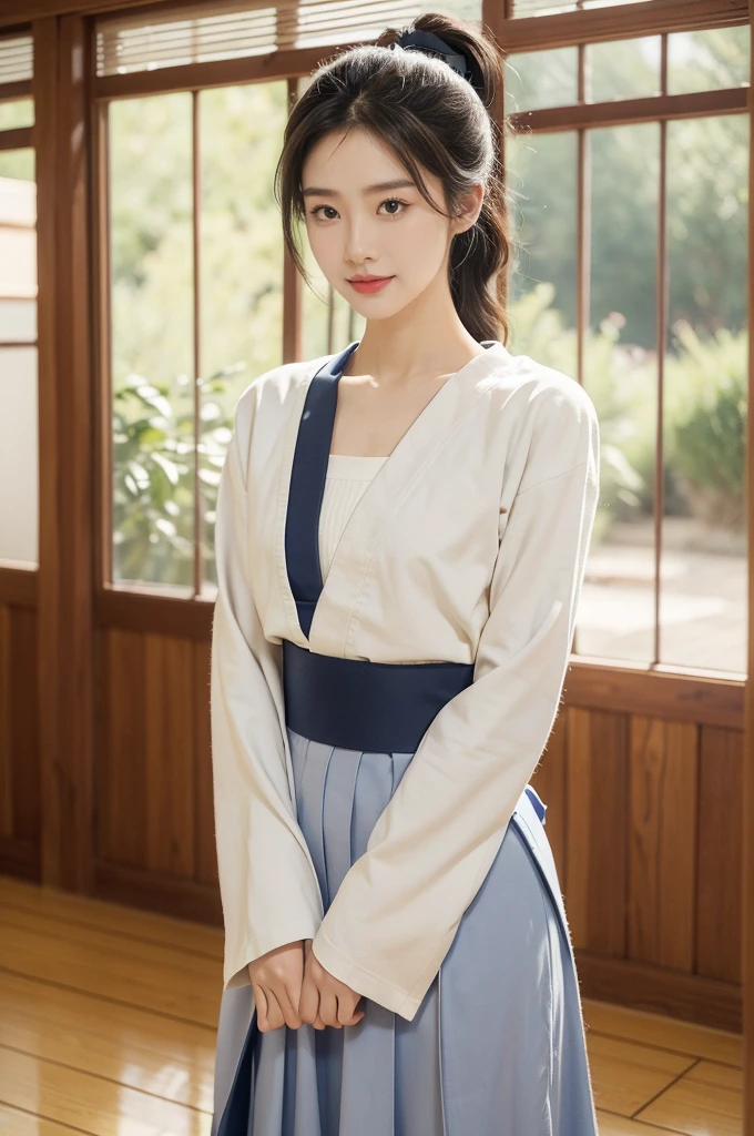 (((best quality))),(((ultra detailed))),(((masterpiece))),illustration,1girl,solo,short ponytail,slim,thin,small breasts,flat chest,white kendogi,three-quarter sleeves,navy-blue kendo hakama,standing in kendodo gym,arms behind back,focused and determined expression,ready for challenge,slender and elegant face,confident and resilient,fair skin,blush,neat teeth,bright smile,clean and tidy uniform,wooden gym floor,wall,pine scent,standard grip,ready to slice through obstacles,strong belief,determination,spirit of resilience,admiring