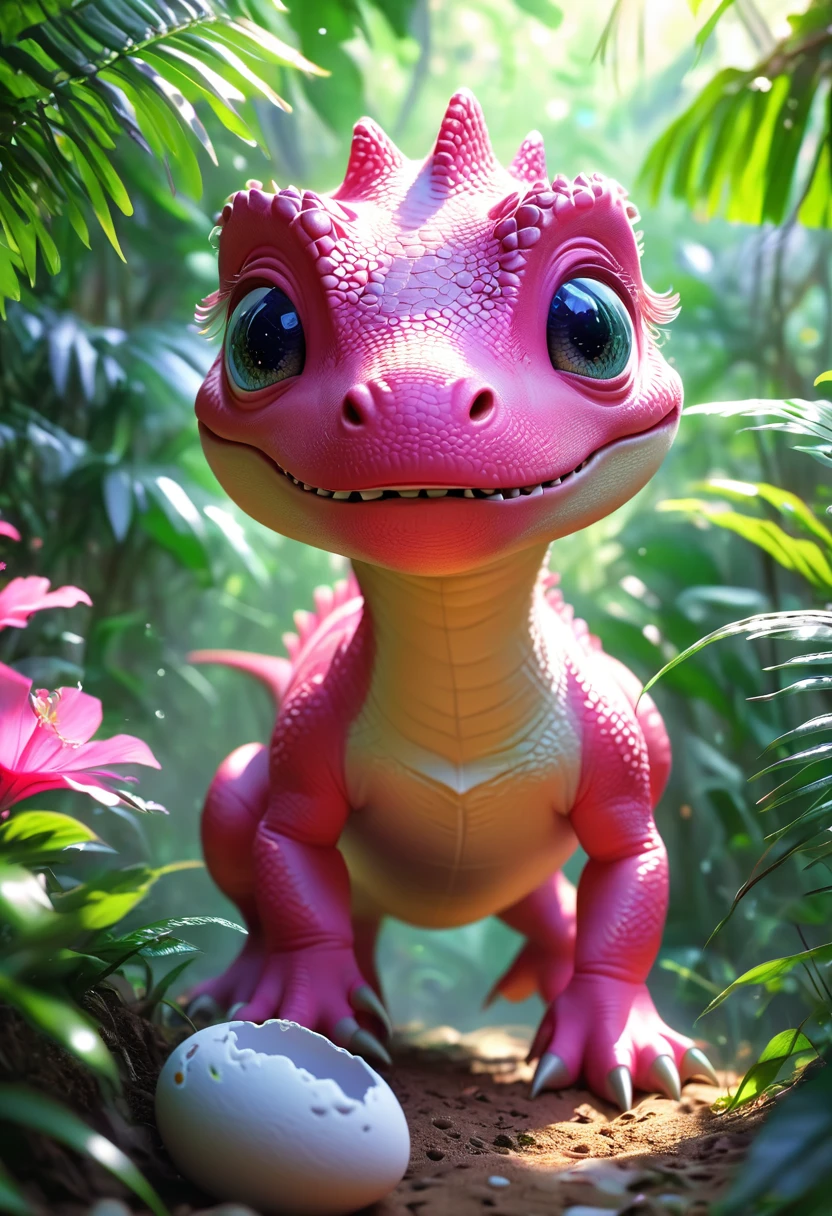 (A cute pink(Tyrannosaurus)Hatched from the egg), Beautiful and delicate eyes, Long eyelashes,Beautiful and delicate face, Extremely detailed eyes and face, Cute expression, Dense jungle background, Dreamy, Fantastic, watercolor, number, (best quality,4K,8K,high resolution,masterpiece:1.2),Extremely detailed,(Practical,photoPractical,photo-Practical:1.37),Vibrant colors,Soft lighting
