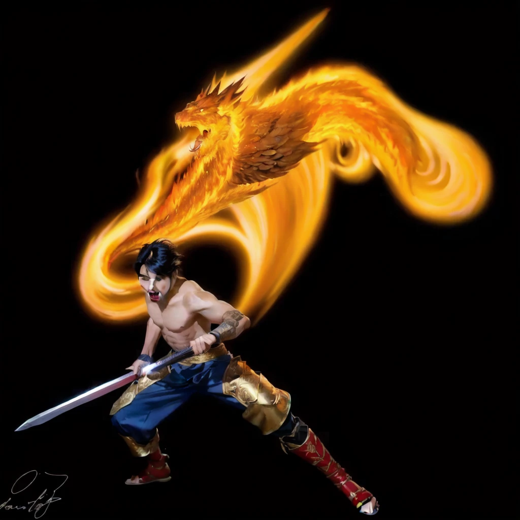 muscular young asian man with medium length black hair holding a sword screaming. Large fire looking spirit in the background with muscles.