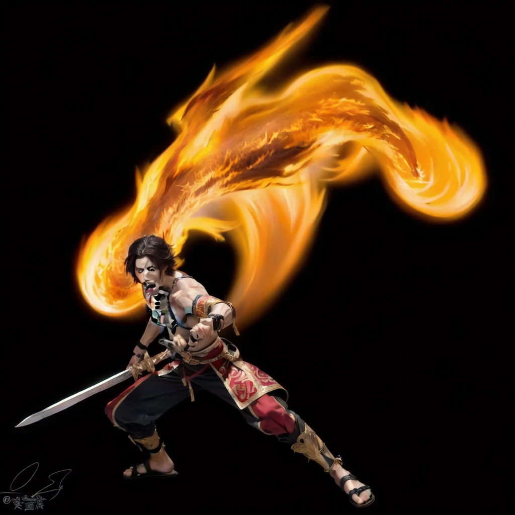 muscular young asian man with medium length black hair holding a sword screaming. Large fire looking spirit in the background with muscles.