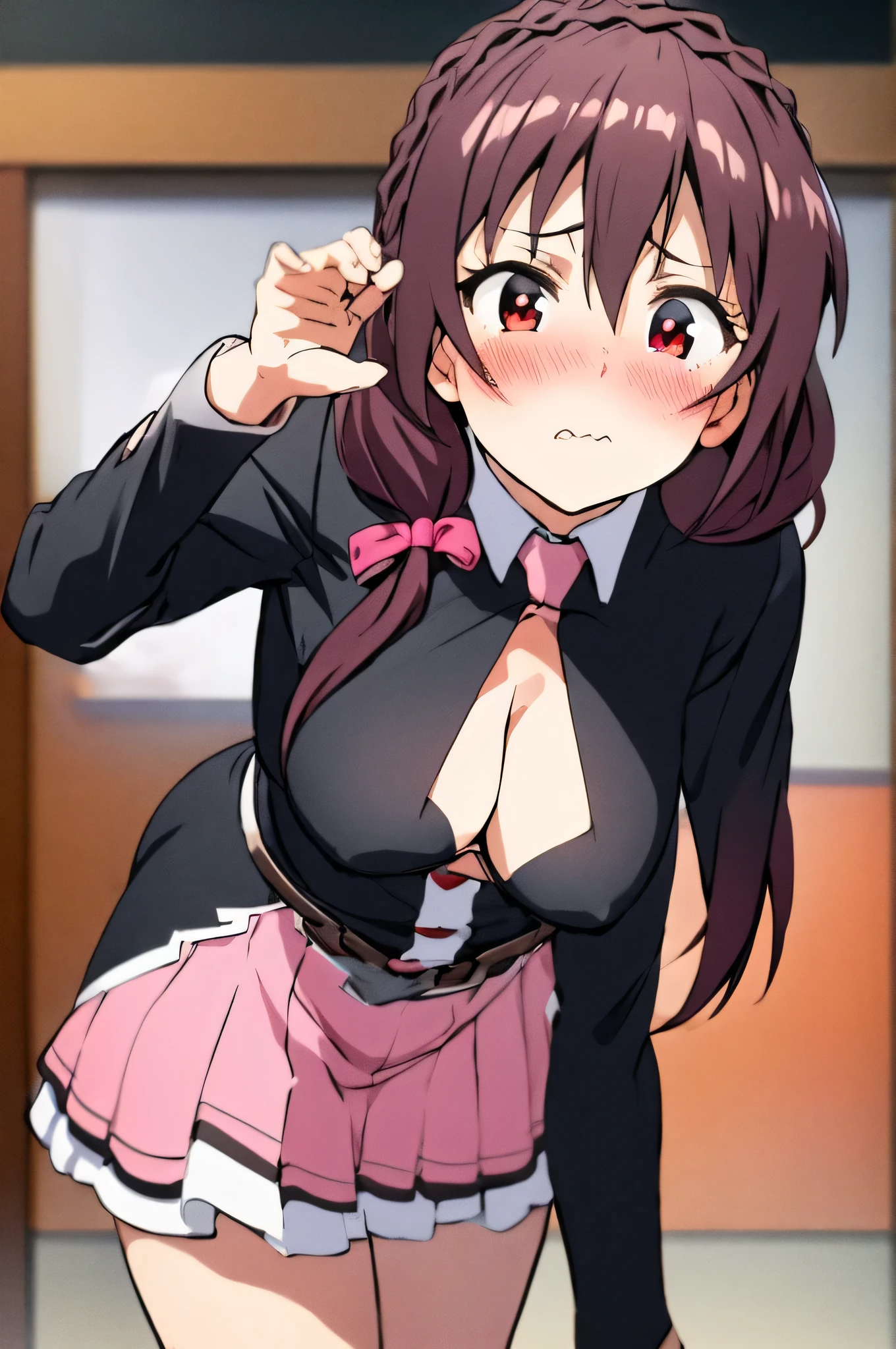(masterpiece, Highest quality), One girl, Yunyun,Long Hair,Braiding,Twin tails,Hair between the eyes,Red hair ribbon,hair ornaments,large round ,、Pink Skirt、Black Hair、Crown Blade,Black Shirt, Long sleeve,Pink tie, belt, Cleavag、Above the knee、(blush:1.2)、Young face、(ng out cheeks aulking)、The underwear is pink、Fluttering Skirt、View the viewer