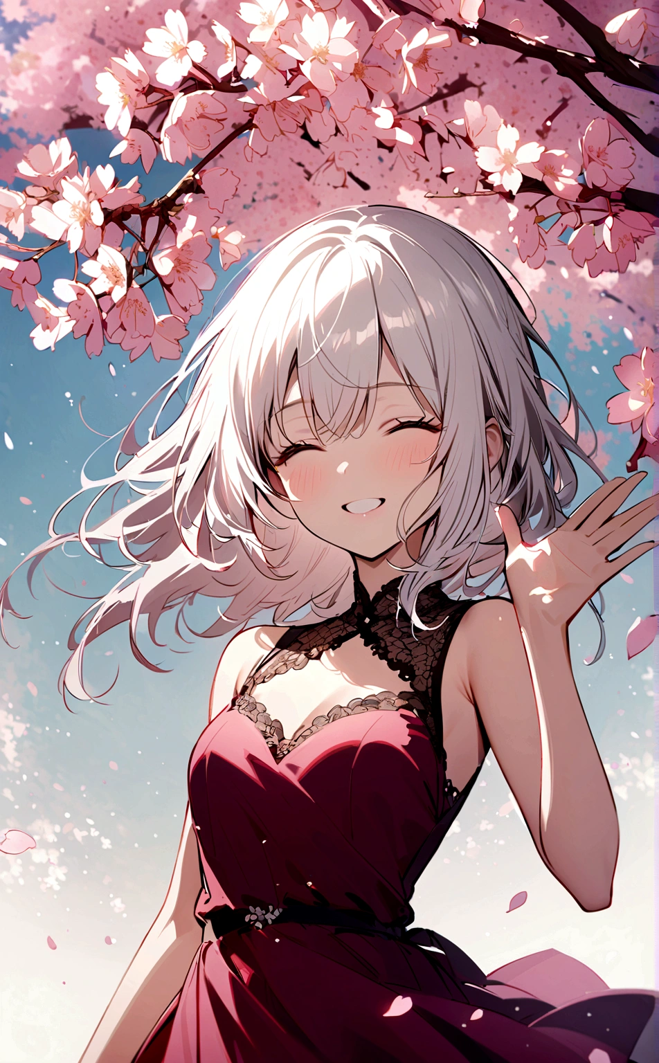 A beautiful girl,with short white hair, Violet eyes, wearing a beautiful short dress, standing under the cherry blossom tree, Smiling happily both of her eyes closed,her hair and clothes waving in the wine,light pink petals scattering down from the cherry blossom tree.(Half body,front facing)