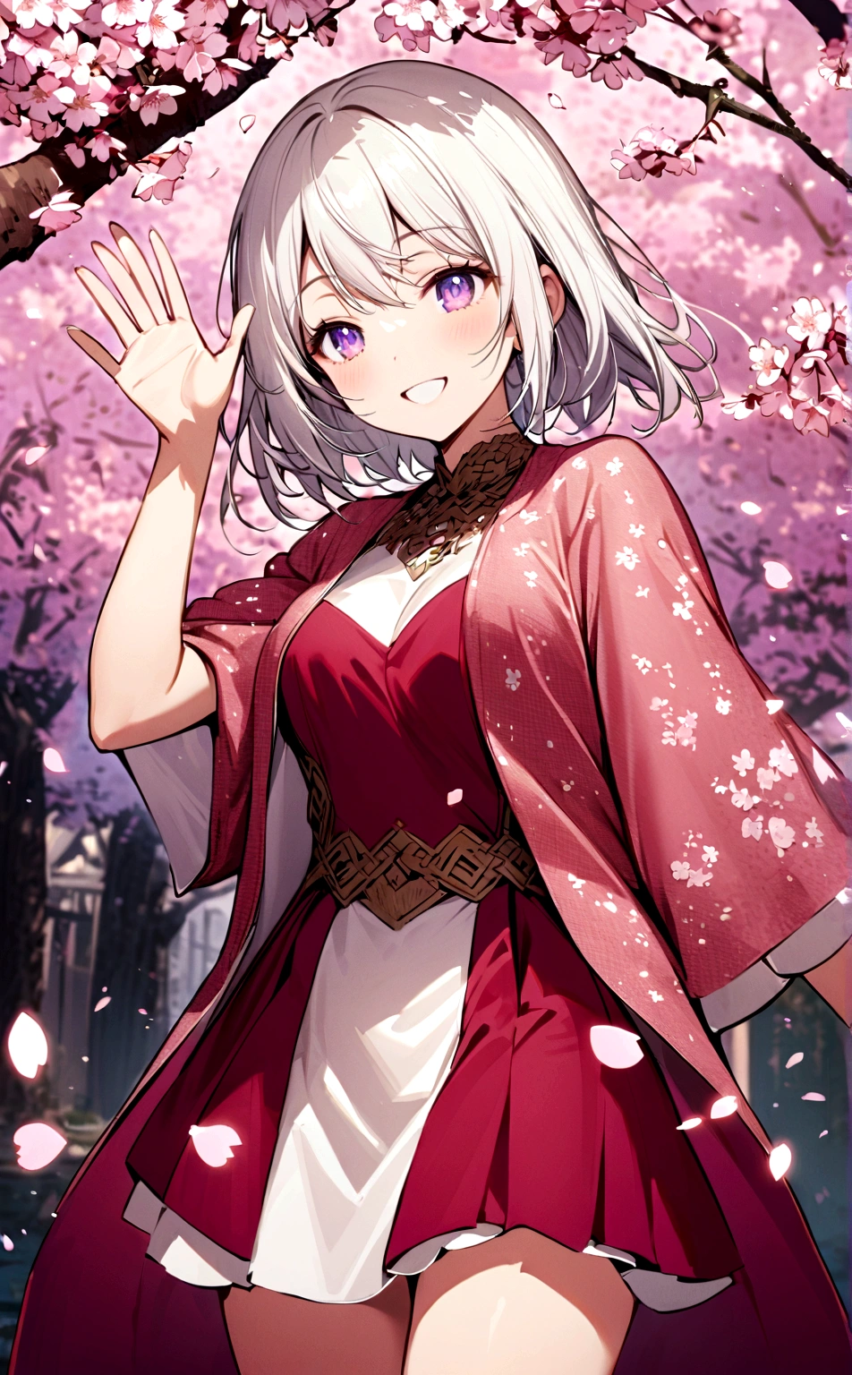 A beautiful girl,with short white hair, Violet eyes, wearing a beautiful short dress, standing under the cherry blossom tree, Smiling happily both of her eyes closed,her hair and clothes waving in the wine,light pink petals scattering down from the cherry blossom tree.(Half body,front facing)