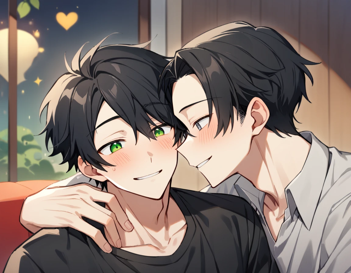 2 young men, focus man , Yaoi, pair, portable princess, bear, look elsewhere, smile, short hair, black hair, green eyes, black hair, gray eyes , The best aesthetics , best quality, Amazing quality, The best aesthetics, nonsense,bright