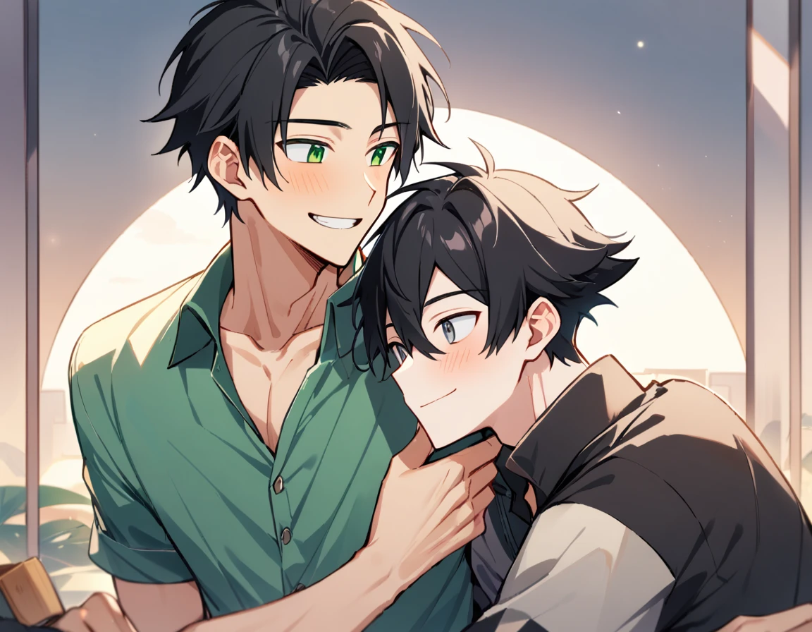 2 young men, focus man , Yaoi, pair, portable princess, bear, look elsewhere, smile, short hair, black hair, green eyes, black hair, gray eyes , The best aesthetics , best quality, Amazing quality, The best aesthetics, nonsense,bright