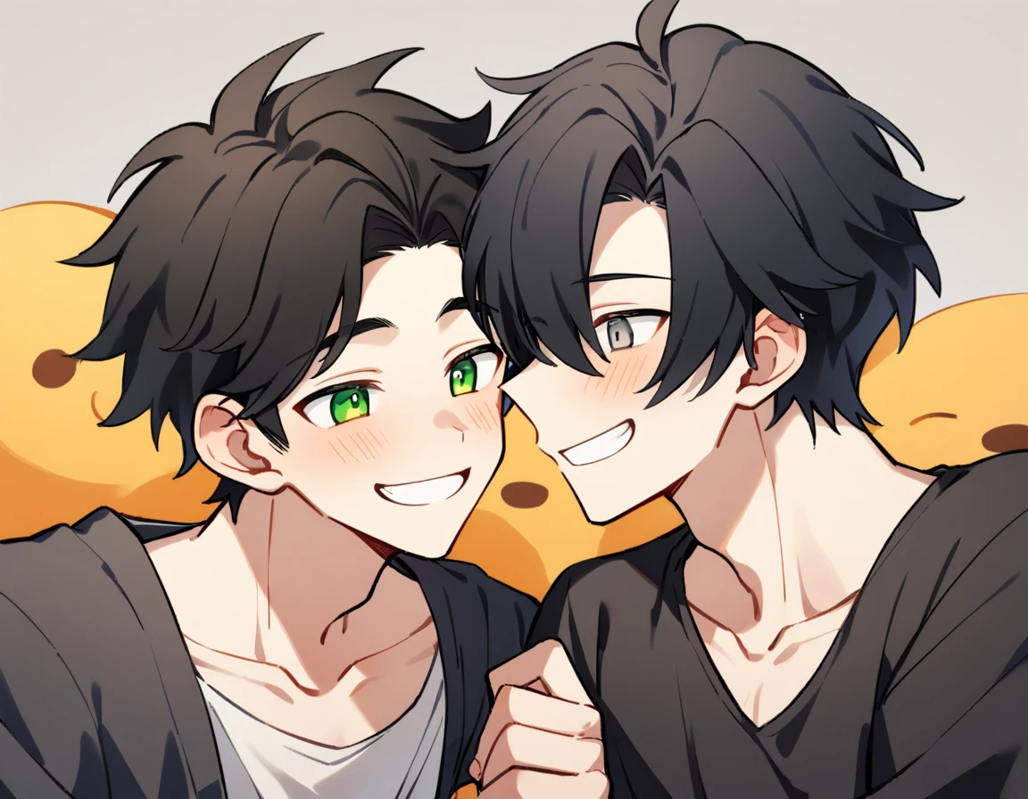 2 young men, focus man , Yaoi, pair, portable princess, bear, look elsewhere, smile, short hair, black hair, green eyes, black hair, gray eyes , The best aesthetics , best quality, Amazing quality, The best aesthetics, nonsense,bright