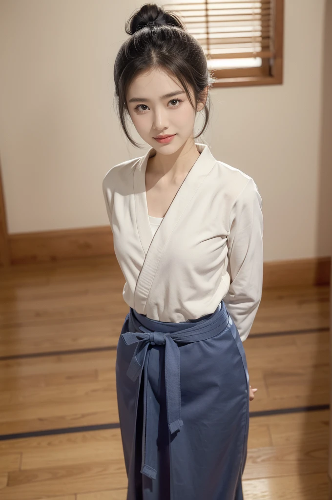 (((best quality))),(((ultra detailed))),(((masterpiece))),illustration,1girl,solo,short ponytail,slim,thin,small breasts,flat chest,white kendogi,three-quarter sleeves,navy-blue kendo hakama,standing in kendodo gym,arms behind back,focused and determined expression,ready for challenge,slender and elegant face,confident and resilient,fair skin,blush,neat teeth,bright smile,clean and tidy uniform,wooden gym floor,wall,pine scent,standard grip,ready to slice through obstacles,strong belief,determination,spirit of resilience,admiring