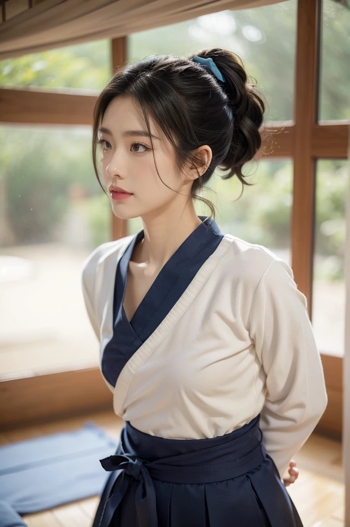 (((best quality))),(((ultra detailed))),(((masterpiece))),illustration,1girl,solo,short ponytail,slim,thin,small breasts,flat chest,white kendogi,three-quarter sleeves,navy-blue kendo hakama,standing in kendodo gym,arms behind back,focused and determined expression,ready for challenge,slender and elegant face,confident and resilient,fair skin,blush,neat teeth,bright smile,clean and tidy uniform,wooden gym floor,wall,pine scent,standard grip,ready to slice through obstacles,strong belief,determination,spirit of resilience,admiring