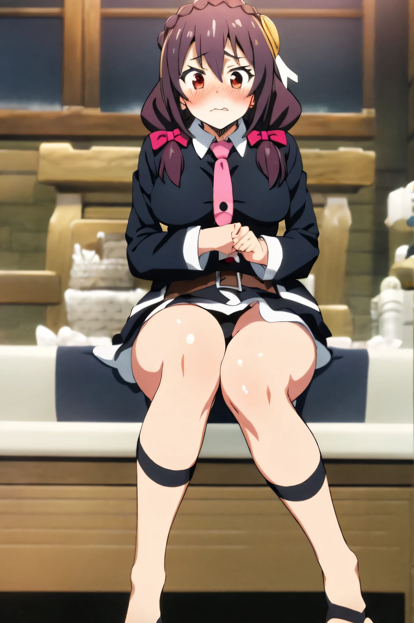 (masterpiece, Highest quality), One girl,    Yunyun,Long Hair,Braiding,Twin tails,Hair between the eyes,Red hair ribbon,hair ornaments,large round breasts,、Pink Skirt、Black Hair、Crown Blade,Black Shirt, Long sleeve,Pink tie, belt, Cleavage cutout、Above the knee、(blush:1.2)、Young face、(Puffing out cheeks and sulking)、The underwear is pink、Fluttering Skirt、View the viewer