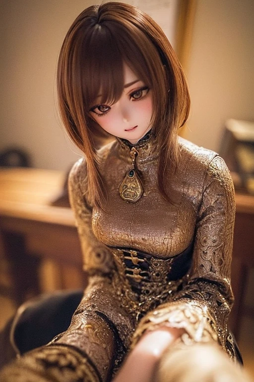 photorealistic, realistic photo, ((highest quality)), ((masterpiece)), (extremely detailed), kukolnydom, doll, (mature woman:1.6), solo, ((cowboy shot)), sitting on desk, arms on sides, green eyes, brown hair, medium hair, parted lips, (looking down, blank eyes, empty eyes, detailed eyes:1.3), dress, museum, 8k