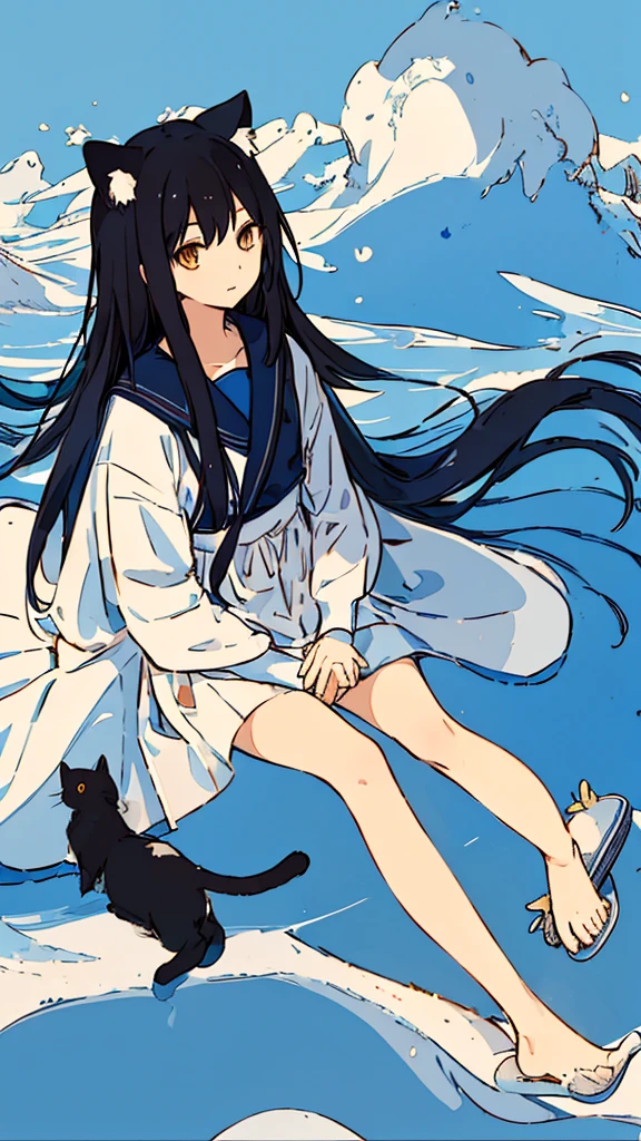 a girls, from above,black hair, cat,long sleeves, long hair,long hair, on back,slippers,blue sky,長い道を歩く