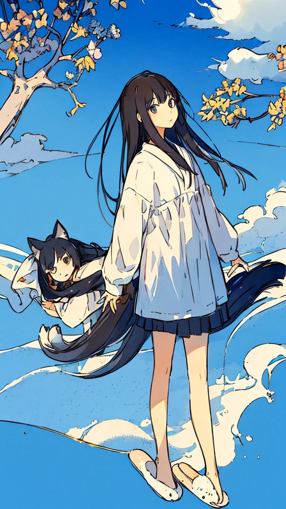 a girls, from above,black hair, cat,long sleeves, long hair,long hair, on back,slippers,blue sky,長い道を歩く