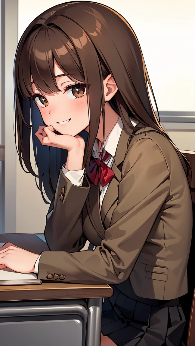 (8K, RAW Photos, Highest quality, masterpiece: 1.2), High-quality RAW color photos, Professional photography, Cinematic Light, alone, (((young woman, Gal))), (Sharp features), (Small face), (Skin with attention to detail: 1.2), clavicle, Cute face, Beautiful appearance, Long eyelashes, ((Brown Hair, Inner color hair)), Twin Drill, Slender body, ((A shy smile)), The whole face turns red, , Collared shirt, blazer, Long sleeve, , Black pleated skirt, (((At the desk, Spread the book))), In the classroom, study, Side view, Warm atmosphere, Close-up shot of face,Long Black Hair,Big Breasts