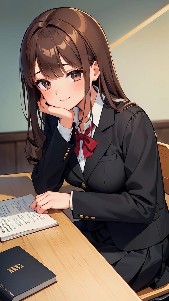(8K, RAW Photos, Highest quality, masterpiece: 1.2), High-quality RAW color photos, Professional photography, Cinematic Light, alone, (((young woman, Gal))), (Sharp features), (Small face), (Skin with attention to detail: 1.2), clavicle, Cute face, Beautiful appearance, Long eyelashes, ((Brown Hair, Inner color hair)), Twin Drill, Slender body, ((A shy smile)), The whole face turns red, , Collared shirt, blazer, Long sleeve, , Black pleated skirt, (((At the desk, Spread the book))), In the classroom, study, Side view, Warm atmosphere, Close-up shot of face,Long Black Hair,Big Breasts