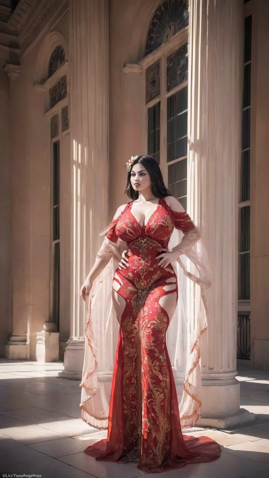 ((ultra high res.photorealistic:.1.4,UHD))(best quality, ultra-detailed, realistic:1.37),portrait,voluptuous woman,flower,tight dress, Random dress color, passionate look,large buttocks,vibrant colors,soft lighting, standing, full body view, extreme tall, long legs, very tall, tall,