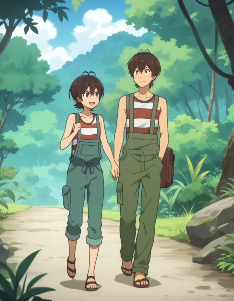 score_9, score_8_up, score_7_up, score_6_up, source anime, anime screencap, anime coloring, miwa, overalls, jungle, trail, walking, smile, small breasts, sandals, looking at another, looking to the side,