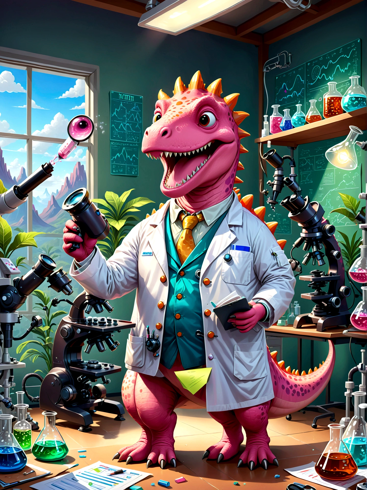 A pink dinosaur character with a broad, toothy smile, dressed as a researcher, They're in a lab, surrounded by scientific equipment like microscopes, beakers, charts and graphs. The dinosaur is wearing a lab coat, eye protection, and holds a clipboard in its hand, Papers are strewn about, indicating a busy work day, The lab setting is filled with light coming from fluorescent lamps overhead, Illustrate this in a cartoon style