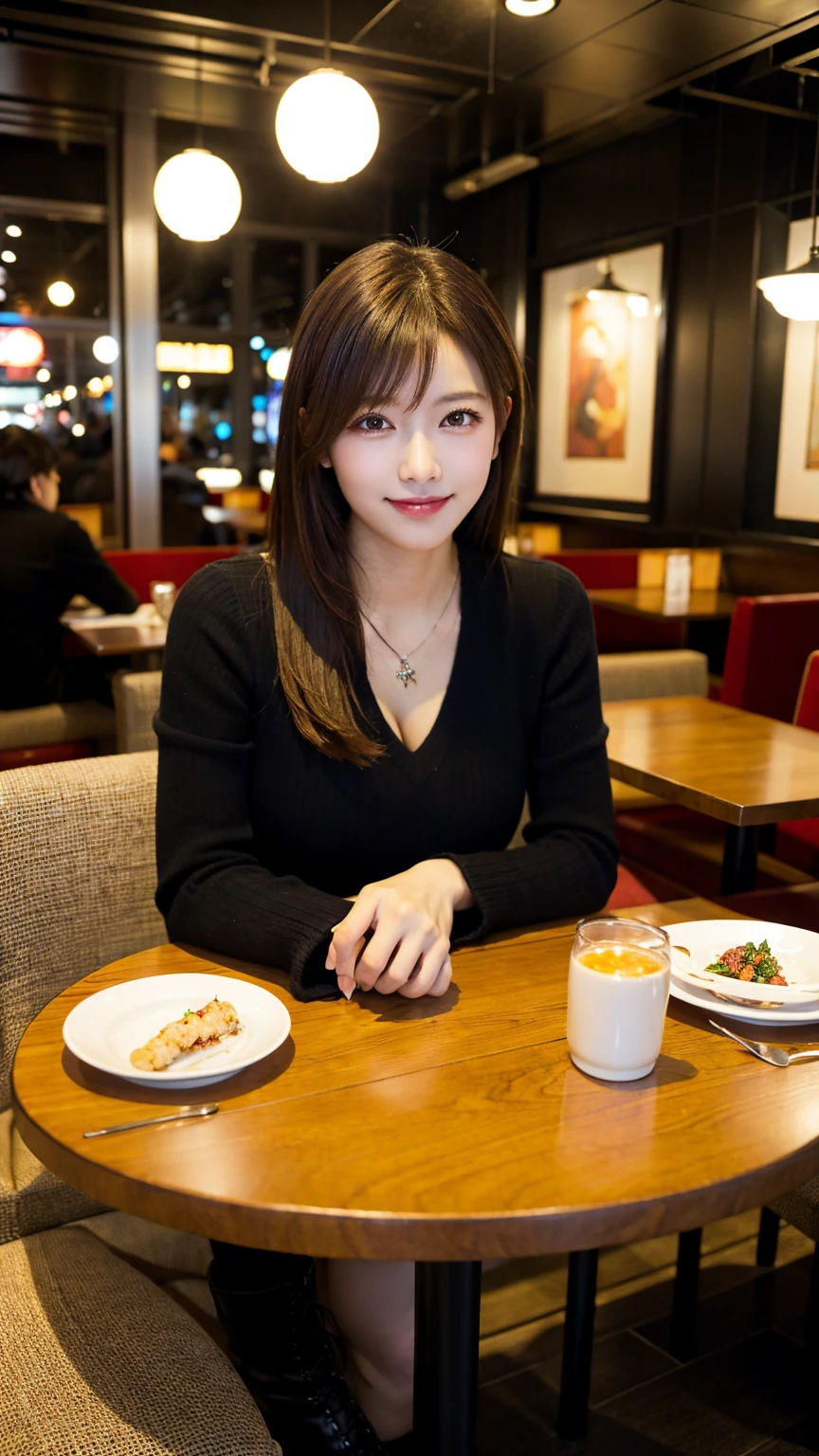 highest quality, masterpiece, 8K, ultra high resolution, (realistic: 1.4), beautiful face, symmetrical eyes, Japanese, brown hair, smile, wearing makeup, high-definition images, atmospheric perspective, super detail, accurate, best quality, (angle from under the table), a Japanese lady, drooping eyes, sleepy face, blush, in the city, busy, skyscrapers, skirt, high boots, necklace, restaurant with large windows, takes a seat, (other customers), night scene, windows have harbor view, foods,