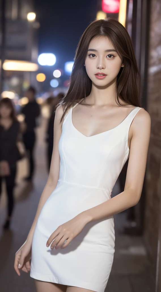 ((Realistic lighting, Best quality, 8K, Masterpiece: 1.3)), Focus: 1.2, 1girl, Perfect Figure: 1.4, Slim Abs: 1.1, ((Dark brown hair)), (White dress: 1.4), (Outdoor, Night: 1.1), City streets, Super fine face, Fine eyes, Double eyelids,