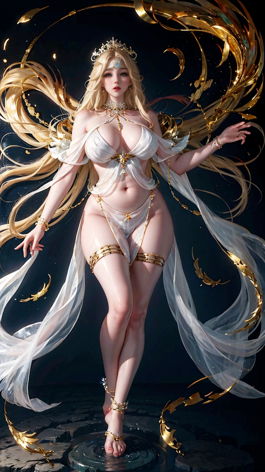 Full body picture,White holy light background,Exquisite, beautiful and charming face,Flowing blond hair,Exquisite and beautiful feet,Long gold anklet with jade,The white gauze is wrapped around the plump and graceful body,The white and red skin is faintly visible,Tight and plump thighs pressed together。