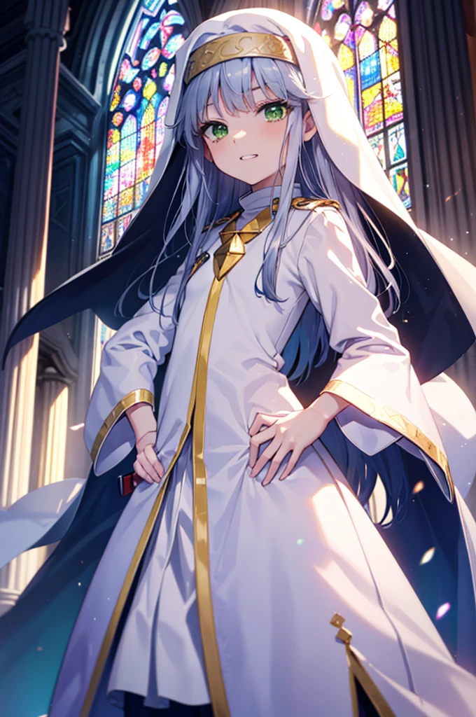 index, index, (Green Eyes:1.5), Silver Hair, Long Hair, (Flat Chest:1.2),Grin,
break habit, Long sleeve, Nuns, Robe, white Robe, Wide sleeves,Long skirt,boots,Put your right hand on your hip,In his left hand he holds a long sacred staff,whole bodyがイラストに入るように,
break looking at viewer, whole body,
break indoors, church,
break (masterpiece:1.2), Highest quality, High resolution, unity 8k wallpaper, (figure:0.8), (Beautiful attention to detail:1.6), Highly detailed face, Perfect lighting, Highly detailed CG, (Perfect hands, Perfect Anatomy),