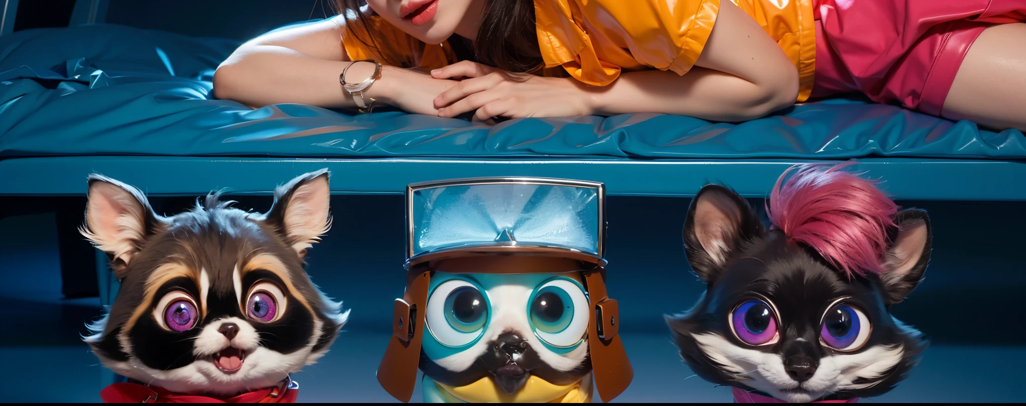 The image shows a girl lying on a bed. She is wearing a white t-shirt and pink shorts. The girl is resting her head on her hands, and her hair is styled in two buns. Her face is obscured, adding an element of mystery to the image. The bed and pillow are blue, and the background is also in deep blue tones, creating a monochromatic color scheme. The floor is made of wood and shares the same blue hue. The atmosphere of the scene is calm and mysterious, with a focus on the girl lying on the bed. clouds, A 3D, glossy scene featuring two adorable latex-like purple cats with a shiny, plastic finish. The cats have large, expressive eyes and are positioned playfully on fluffy clouds in the night sky. The lighting is realistic, highlighting the glossy, reflective surfaces of the cats clouds and creating a vibrant, magical atmosphere. The overall clouds effect is smooth and polished, with the latex clouds and plastic textures enhancing the whimsical and lifelike appearance of the characters. cloudsмультяшный рендеринг ключевого кадра, милый 3D рендеринг,,Create ultra sharp цветной рендеринг zbrush. perfect cgi, cgi art created only with gradients, smooth silhouette, Create ultra sharp skin, high intensity refraction, (plastic material), most beautiful vfx, blue background, plastic refractions, glossy texture, smooth 3d model, multiple light sources, rim light, sharp post effects render, (glossy plastic texture with multiple big light probe refractions), perfect cgi, cgi art created only with gradients, smooth silhouette, high intensity refraction, (plastic material), most beautiful vfx, blue background