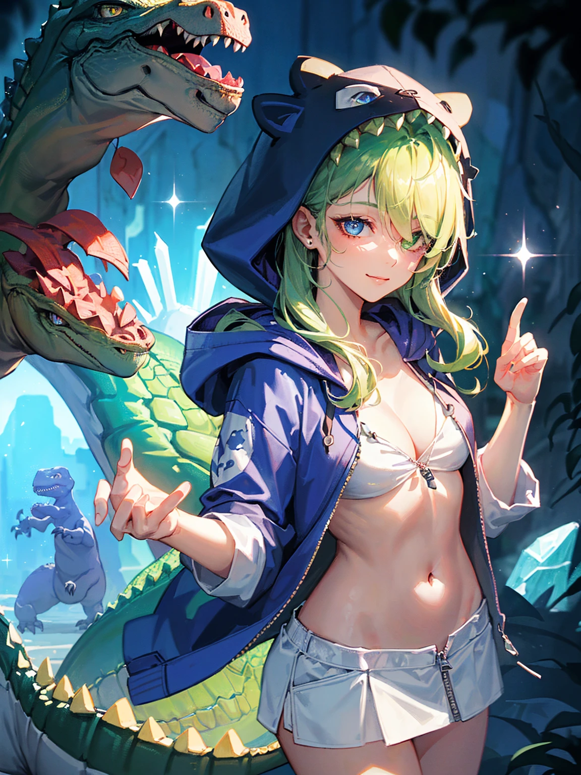 close-up head, facing camera, crystal caves, crystalline, reflection, sparkle, realistic digital painting portrait of a female human, 3r1nm0r1art72, seductive smile, naughty, (heterochromia), (messy hair), (long ponytail), (hair over one eye), (wavy hair:1.1), (light green hair:1.3), hood, hoodie, dinosaur, dinosaur hoodie, (dinosaur hood:1.5), dino, (dinosaur in disguise:1.3), unzipped hoodie, (naked hoodie), cleavage, belly button, no pants, no skirts, bottomless, no shirt, shirtless, (light_blue_hoodie:1.3), (abstract, background:1.2), (light particle:1.1), (very detailed skin:1.2), (game concept:1.3), (elden ring style:1.3), (arcane style:0.8), (depth of field:1.3), global illumination