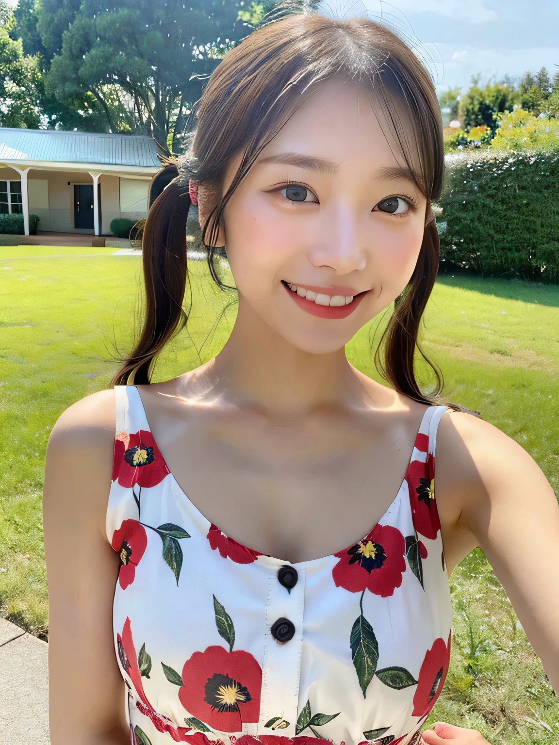 One person、、Full body photo、slender、Japanese women、White drool coming out of the mouth、smile、Blonde twin tails、 Fair skin, messy hair, super cute、Soft and Face、8K resolution、Surreal、Ultra high definition、 A-cup small breasts((Highest resolution、8K、masterpiece:1.3))、Ultra-fine face、Ultra Fine Lips、Beautiful Eyes、double eyelid,Sleeveless red floral button-down shirt dress、Thighs、thin,Thighsが見える、Shapely small breasts、smile、