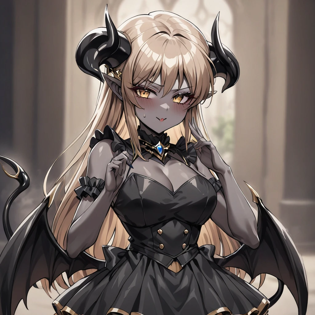 ((Highest quality)), ((masterpiece)), (detailed), （Perfect Face）、The woman is a sexy devil with jet black skin、The woman is a jet-black female demon posing with a gentle expression as she gazes into the camera with cute, fawning gestures like an idol. She has impressive devil horns, jet-black devil wings, and a jet-black tail. Her skin is jet-black, and she is wearing a cute black miniskirt and a frilly idol costume. She is the jet-black demon Princess Leona, with medium-long light brown hair that is a devil in both body and mind, and has the expression of a maiden in love.、The woman is the wife of a dignified and powerful demon king, her beloved husband.